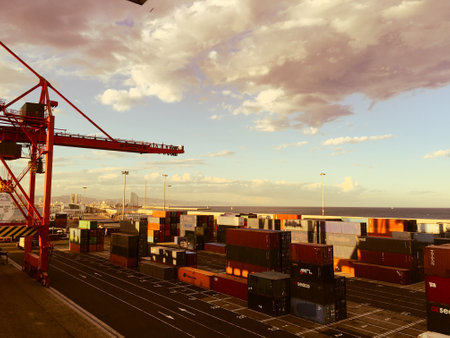 Container logistical freight cargo ships in barcelona spain europe in summer timeのeditorial素材