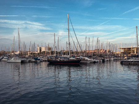 boats and yachts in the harbour of barcelona spainのeditorial素材
