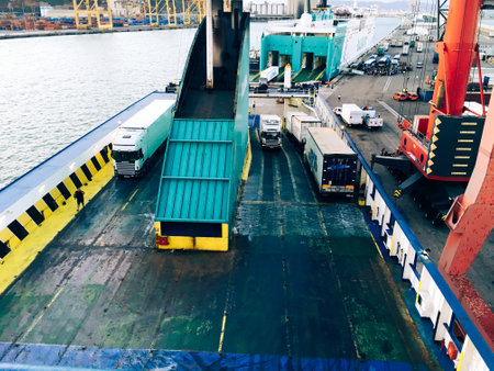 Ferry in Ibiza spain heading to barcelona with cars and passengersのeditorial素材