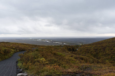 A hiking path to Svartifoss waterfallの写真素材