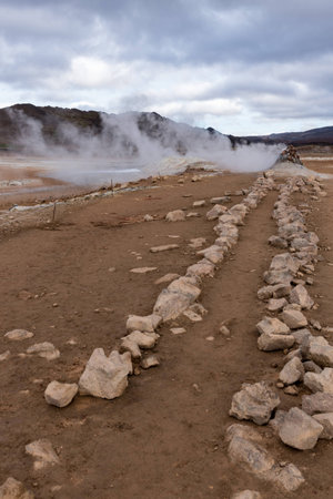 Hverir, stone path to the steam ventの写真素材