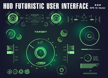 Futuristic green virtual graphic touch user interface, target, hud dashboard display virtual reality technologyの写真素材