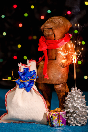Christmas card with symbol of the year 2016 The Red Fire Monkey and sparklerの写真素材