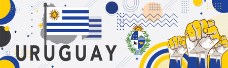 Uruguay national day banner with Uruguayan flag colors theme background and geometric abstract retro modern blue white yellow design. Uruguayan people. Sports Games Supporters Vectのイラスト素材