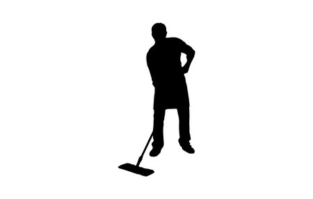 Vector silhouette of a man with a mop on a white background.のイラスト素材