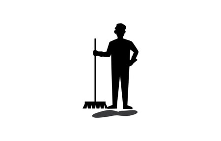 Silhouette of a man with a broom. Vector illustration.のイラスト素材