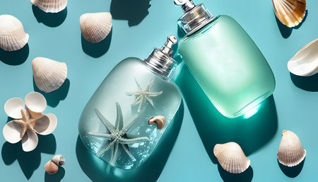 cosmetic bottles with seashells and starfish on blue backgroundの素材