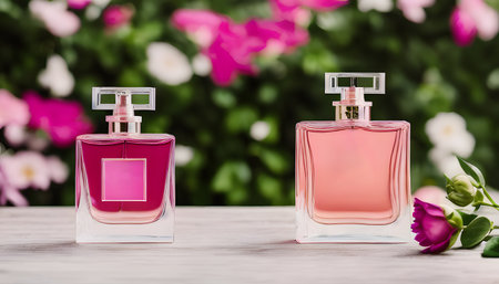 Perfume bottles on wooden table in front of flower background.の素材