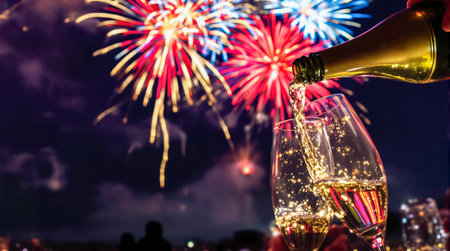 Pouring champagne into glasses with fireworks in the background, celebration conceptの素材
