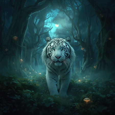 White tiger in the dark forest at night with moonlight. 3D renderingの素材