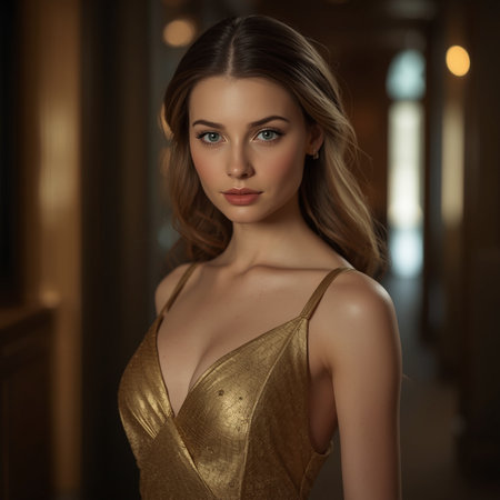 Portrait of a beautiful girl in a golden dress. Fashion photoの素材