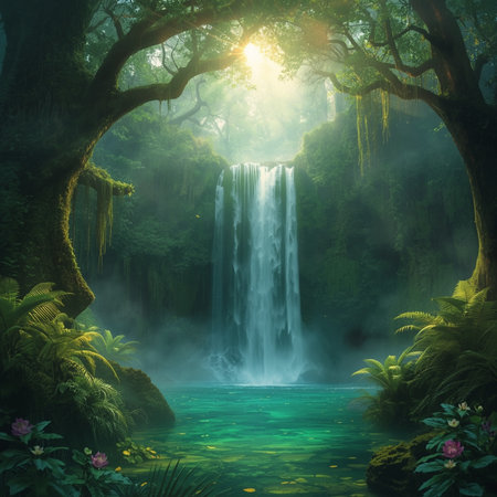 Beautiful waterfall in the rainforest. 3d rendering, 3d illustration.の素材