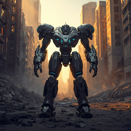 Futuristic robot in the ruins of a destroyed building. 3d renderingの素材