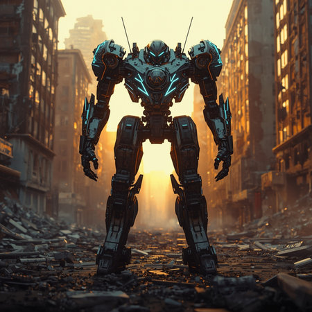 Futuristic robot in the ruins of the city. 3d renderingの素材