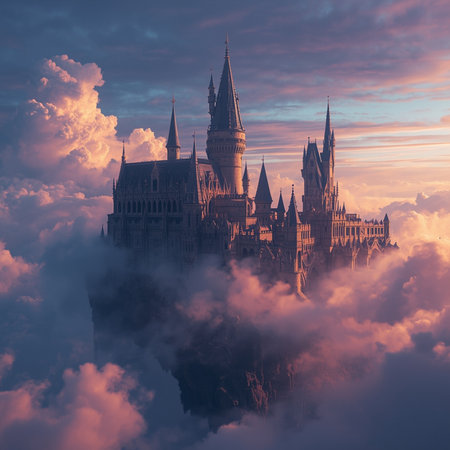 Magic castle in the clouds. Fantastic fantasy landscape. 3d renderの素材