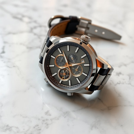 Wristwatchle background. Luxury wristwatch with stainless steel bracelet.の素材