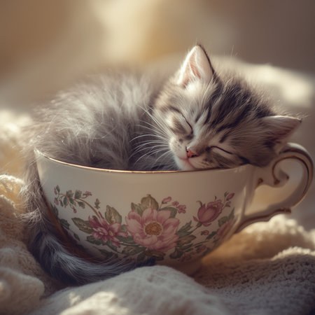 Cute siberian kitten sleeping in a cup. Selective focus.の素材