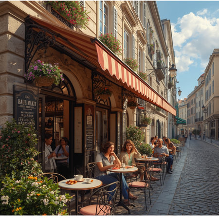 People sitting in a street cafe in Prague, Czech Republicの素材