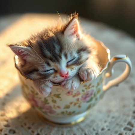 Cute little kitten sleeping in a cup of coffee. Selective focus.の素材