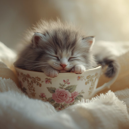 Cute little kitten in a cup on the bed at home.の素材