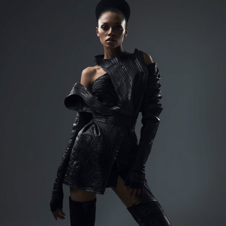 Fashion shot of a beautiful African-American woman in black leather jacketの素材