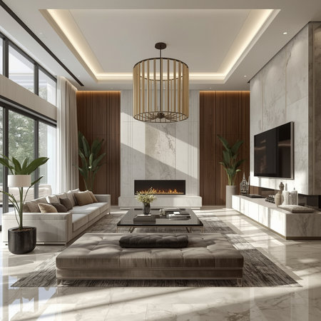 Interior of modern living room with marble walls, tiled floor, beige sofa and fireplace. 3d renderの素材