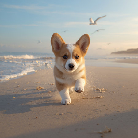 Welsh Corgi Pembroke puppy running on the beachの素材
