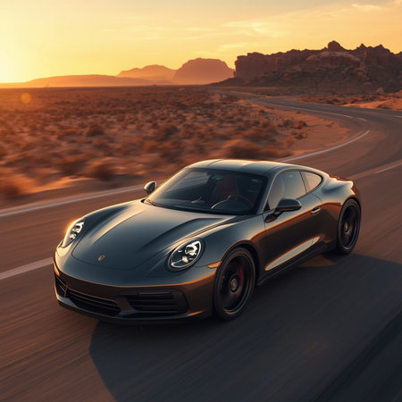 3D rendering of a brand-less generic concept car in the desertの素材