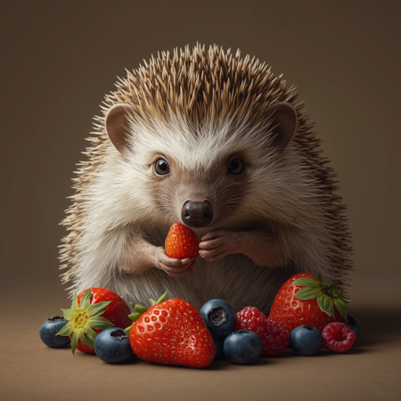 hedgehog with strawberries and blueberries on a brown background.の素材