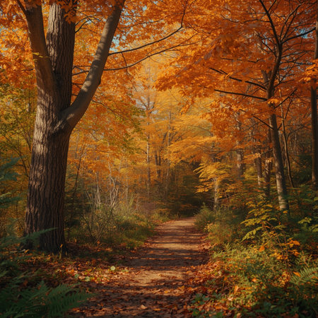 Path in the autumn forest. Autumn landscape with colorful trees and leavesの素材
