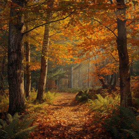 Autumn forest in the morning. Autumn landscape with a path in the forestの素材