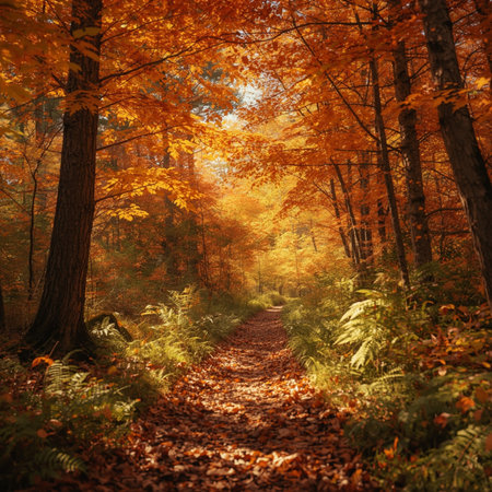 Path in the autumn forest. Autumn forest. Beautiful nature background.の素材