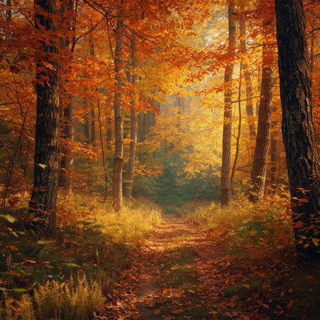Autumn landscape with path in the forest. Beautiful nature background.の素材