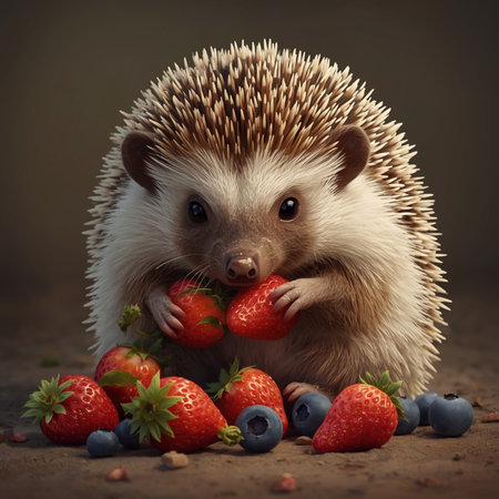 hedgehog with strawberries and blueberries on a dark background.の素材