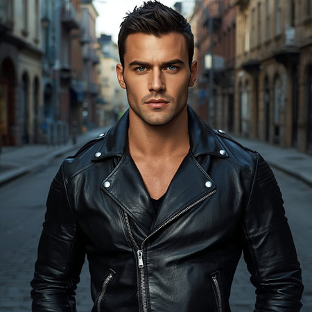 Portrait of a handsome young man in a leather jacket. Men's beauty, fashion.の素材