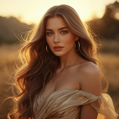 fashion outdoor photo of beautiful sensual woman with blond hair in elegant dress posing in summer fieldの素材