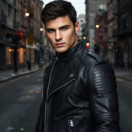 Portrait of a handsome young man in a black leather jacket. Men's beauty, fashion.の素材