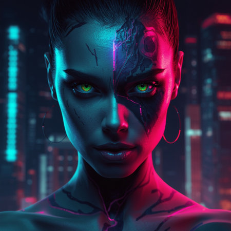 3d rendering of a female cyborg with futuristic make-upの素材