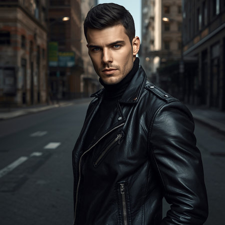 Portrait of a handsome young man in a leather jacket. Men's beauty, fashion.の素材