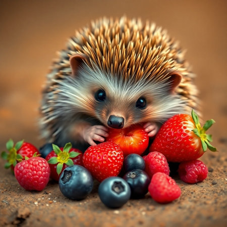 hedgehog with strawberries and blueberries on the background of the earthの素材