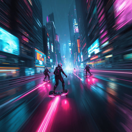 Cyborgs riding on a hoverboard in the city at nightの素材