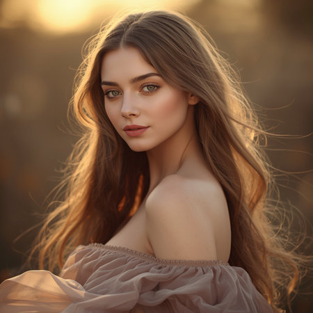 Portrait of a beautiful girl with long hair in the rays of the setting sunの素材