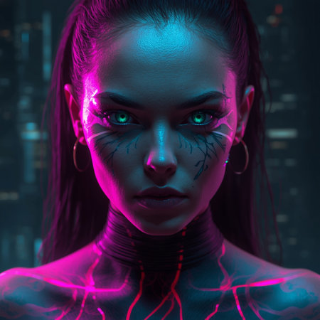 3d rendering of a female robot with neon lights on her faceの素材