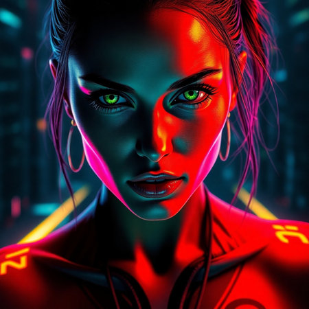 3D rendering of a female robot with futuristic neon lights background.の素材