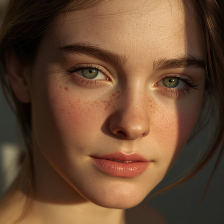 Portrait of a young girl with freckles on her faceの素材