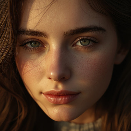 Closeup portrait of a beautiful young woman with green eyes looking at cameraの素材