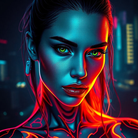 3D rendering of a female robot with neon lights in the backgroundの素材