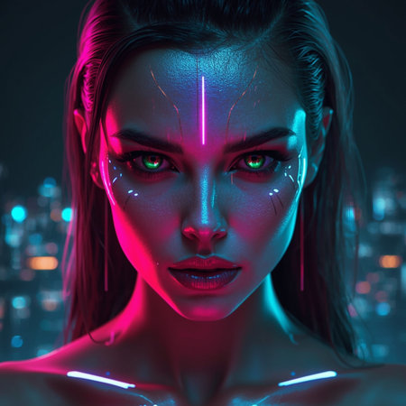 Futuristic portrait of a beautiful young woman with neon make-up.の素材