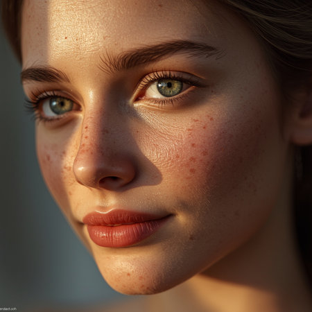 Portrait of a beautiful young woman with freckles and green eyesの素材