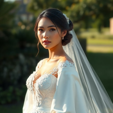 Beautiful asian bride in white wedding dress posing in the parkの素材